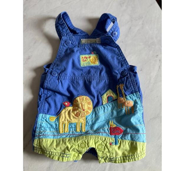 Sue Dreamer 0-3 months shortall overall blue zoo boy appliqué lion giraffe - Picture 1 of 7